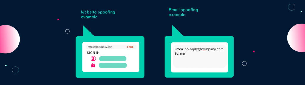 Examples for website spoofing and email spoofing. A fake website domain vs a fake E-Mail domain.